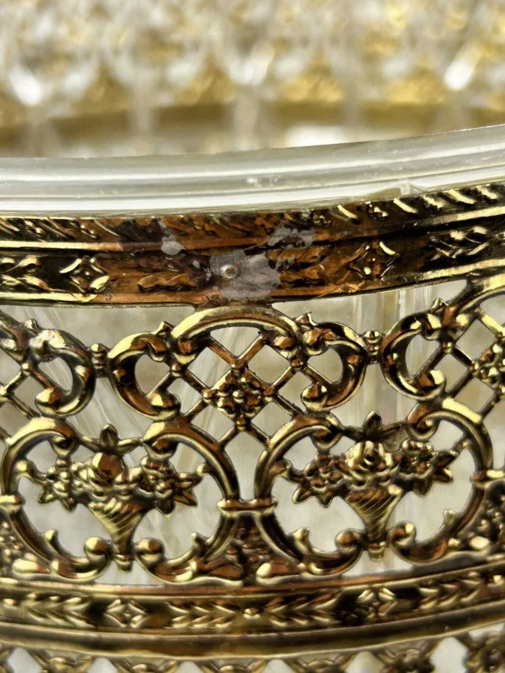 Gold Filigree Ormolu Rose Trash Can Waste Bin Clear Liner Hollywood Regency MCM